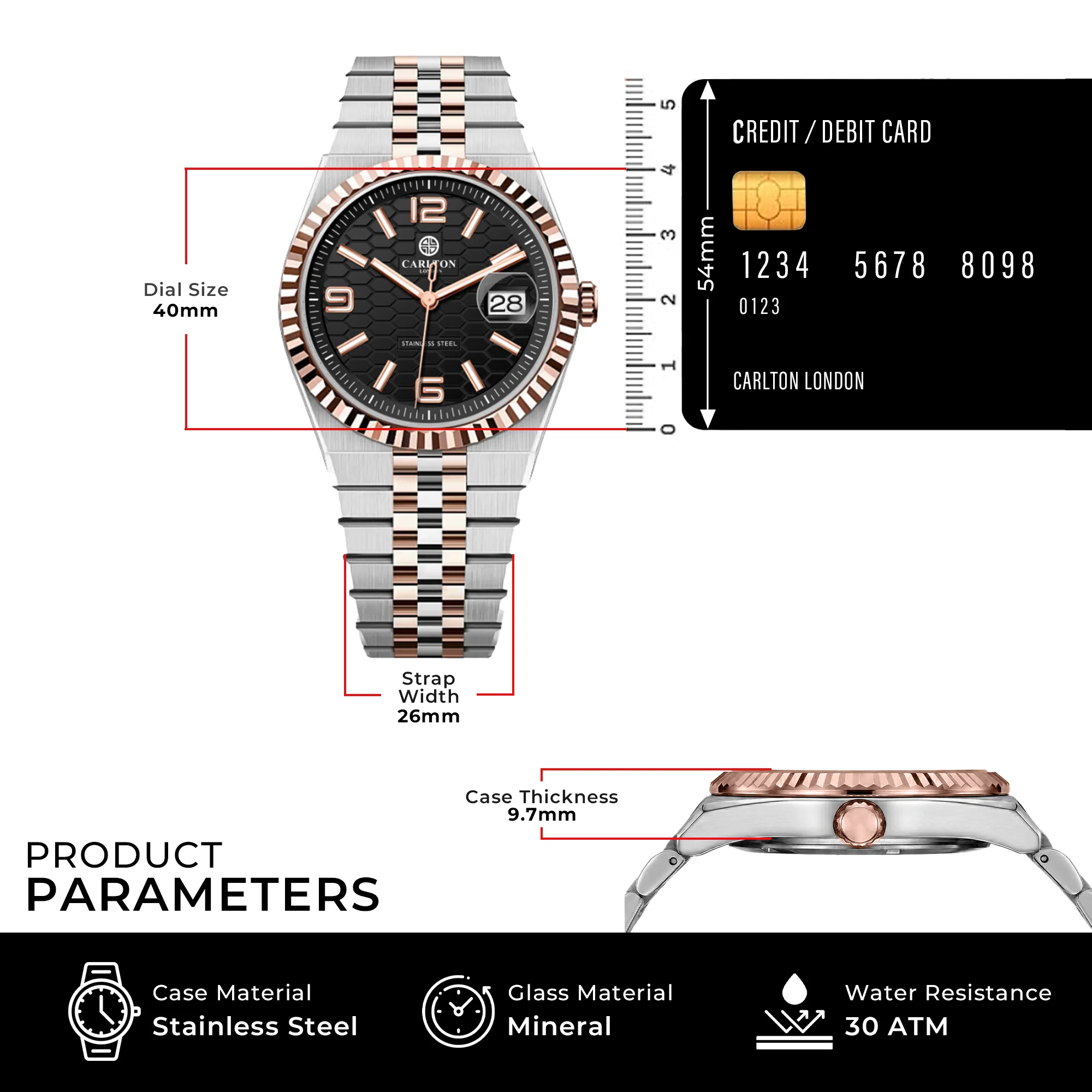 Carlton London Men Rover Black/Silver Rose Gold Analog Watch CL-ROVER-SRGBLK - Image 5