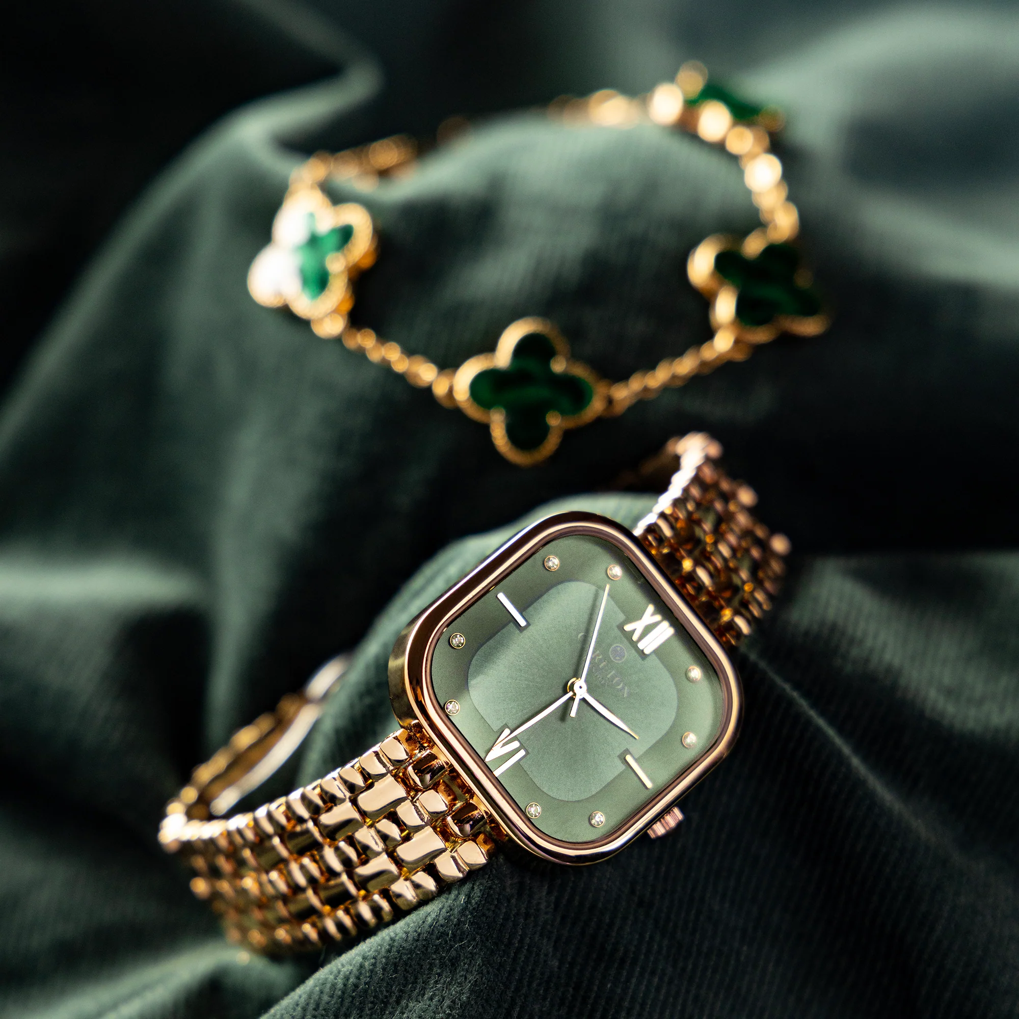 Women Gift 2 - Rose Gold/Green Chelsea Watch + Bracelet - CLPLG053 - Image 3