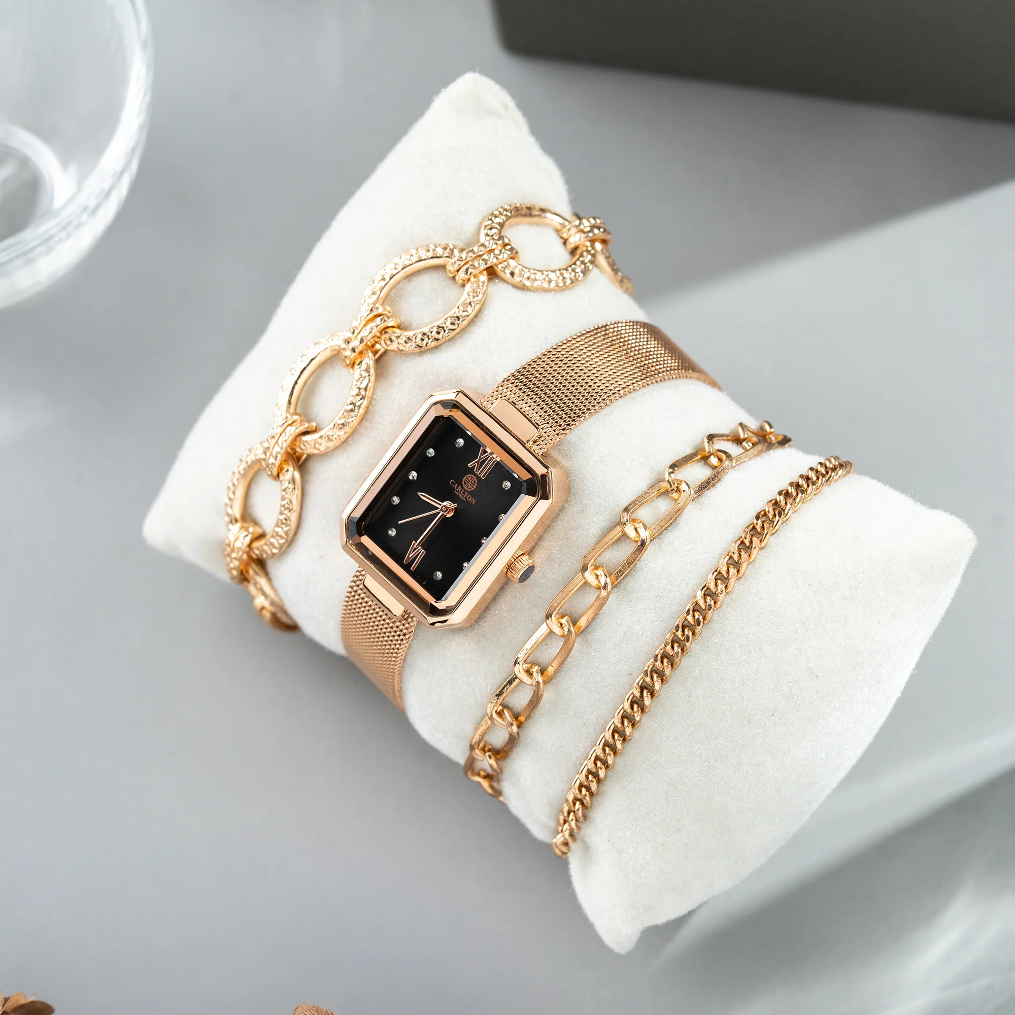 Women Gift set Of 4 Black Dial Watch + 3 Bracelets - CLPLG078 - Image 4